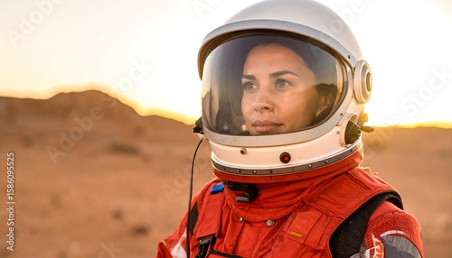 Woman astronaut in red spacesuit on red planet