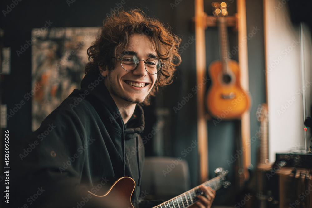 Obraz premium Young musician playing guitar and smiling in a cozy home studio with warm lighting
