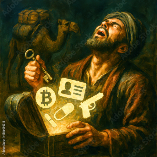 Oil painting of a man opening a glowing chest filled with dark web symbols like crypto money, drugs, ID, and weapons, expressing shock.