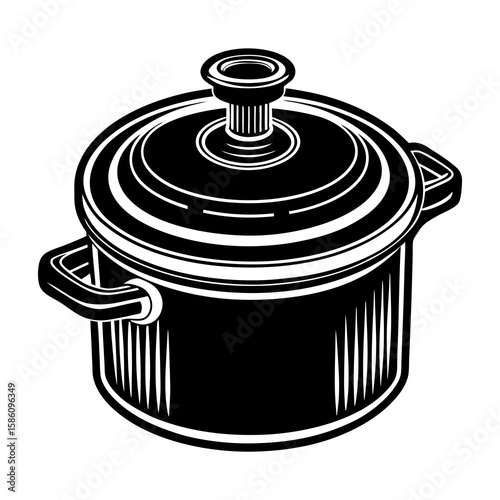 Illustration of a black cooking pot with lid for kitchen utensils and cooking equipment