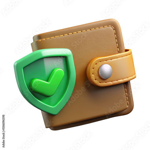 3d Secure wallet icon with green shield and check mark isolated on transparent background
