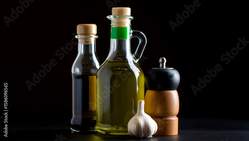 Olive oil, vinegar, garlic, and pepper are arranged on a wooden table against a black background