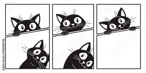 Three comic style black cats peeking out from behind white borders isolated on white background