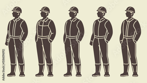 Silhouettes of construction workers in protective gear hard hats workwear