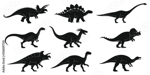 Collection of nine black dinosaur silhouettes isolated on white background