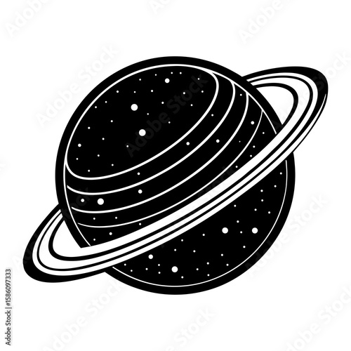 Black and white saturn planet vector illustration with rings and stars space astronomy science
