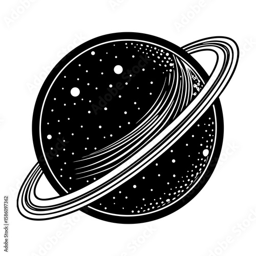 Explore the cosmos black and white saturn planet with rings vector illustration graphic design