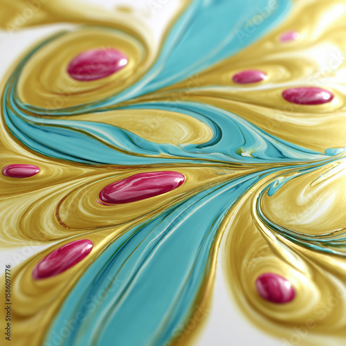 Vivid Abstract Pattern With Blue, Golden, and Pink Swirled Paint Accents

