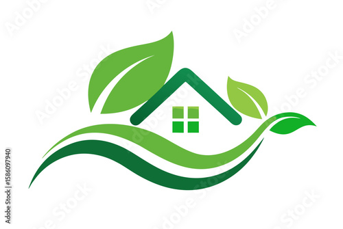 A green eco house icon with a leaf symbol represents sustainable building and environmental design