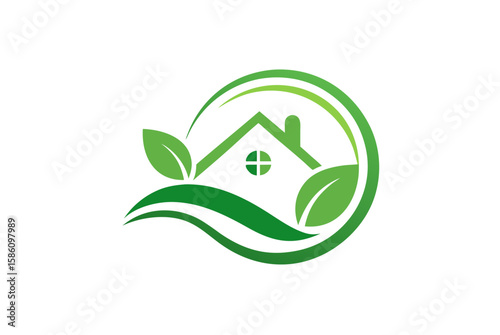 Green eco-house logo with a leaf design, symbolizing nature, ecology, and organic energy