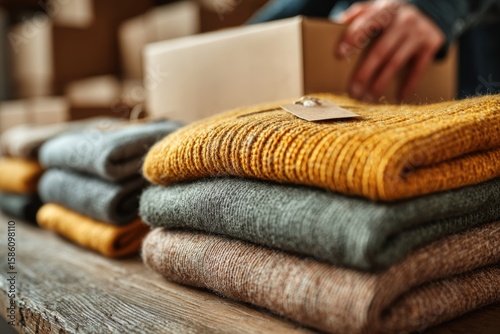 Stacked Knitted Sweaters with a Tag on Wood Surface Ready for Shipping