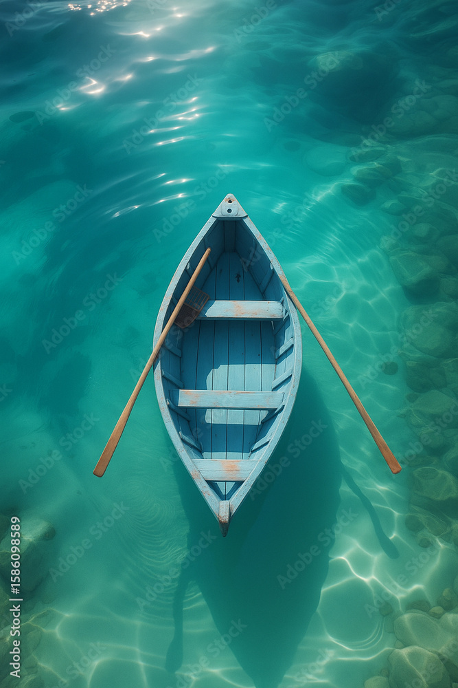Obraz premium Serene Blue Rowboat on Crystal Clear Turquoise Water – Tranquil Nature Wall Art Print