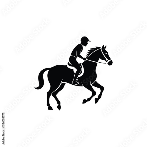 Silhouette of a jockey riding a horse with a whip isolated on a white background