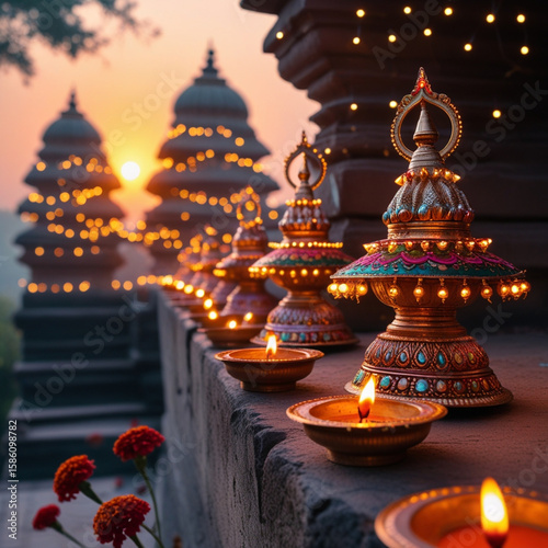 Illuminated diya lamps at sunset with temple and fairy lights in background

