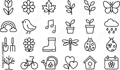 Gardening vector icon set includes tools, plants, watering cans, shovels, flowers, pots, seeds, gloves, soil, wheelbarrows, and outdoor garden care symbols.

