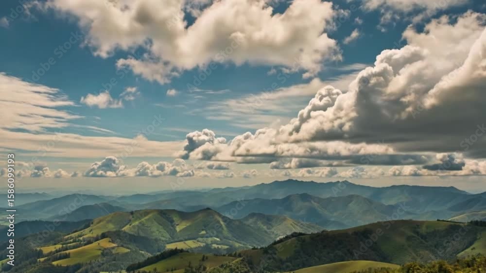 A time-lapse of clouds dancing over endless rolling hills