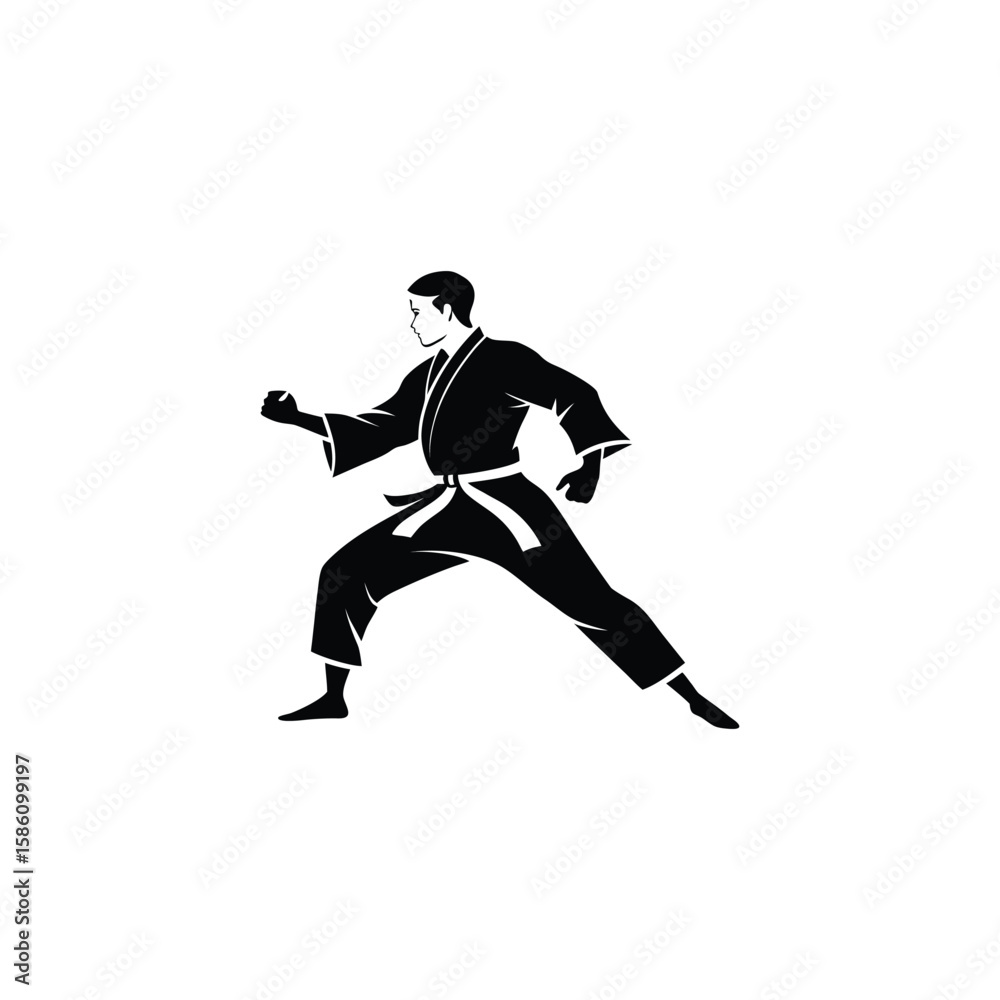 Fototapeta premium Karate fighter in a dynamic pose with a circular emblem isolated on a white background