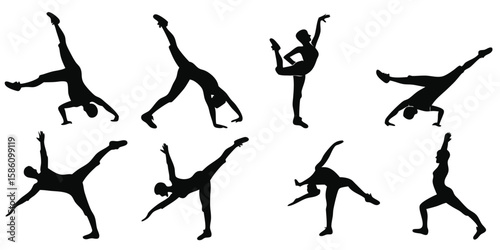 Diverse silhouettes of dancers and gymnasts performing various poses isolated on white background