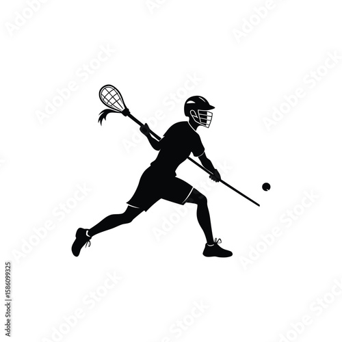 Lacrosse player silhouette in action with stick and ball isolated on a white background