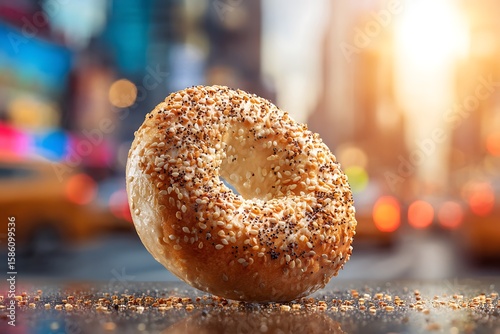 Everything bagel close up with New York City street background bokeh