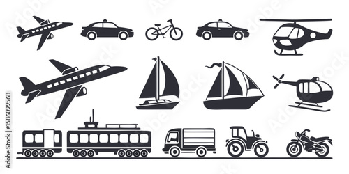 Collection of various transportation vehicles and modes of transport isolated on white background