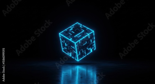 Glowing Futuristic Neon Cube in Dark Sci-Fi Space