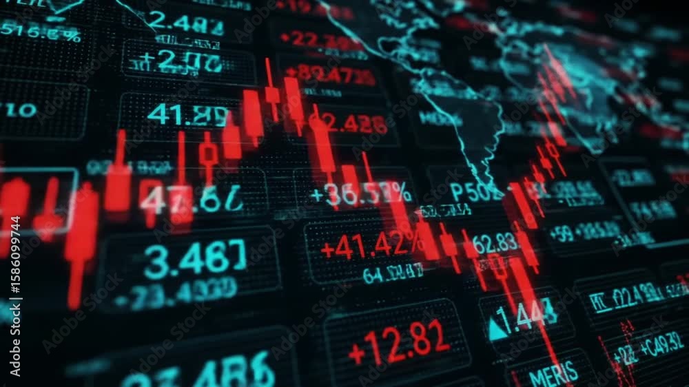 3D digital visualization of stock market crash with red declining graph, negative numbers, and financial data charts – global economy crisis and bear market concept in financial trading interface

