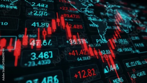 3D digital visualization of stock market crash with red declining graph, negative numbers, and financial data charts – global economy crisis and bear market concept in financial trading interface

