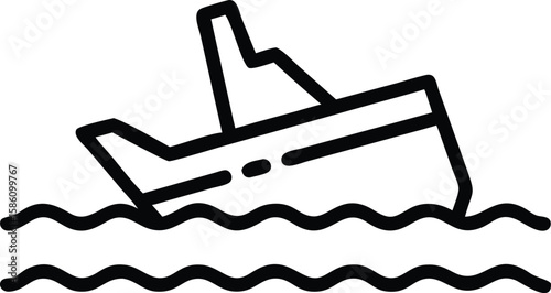 Sinking boat on water waves icon in outline style design