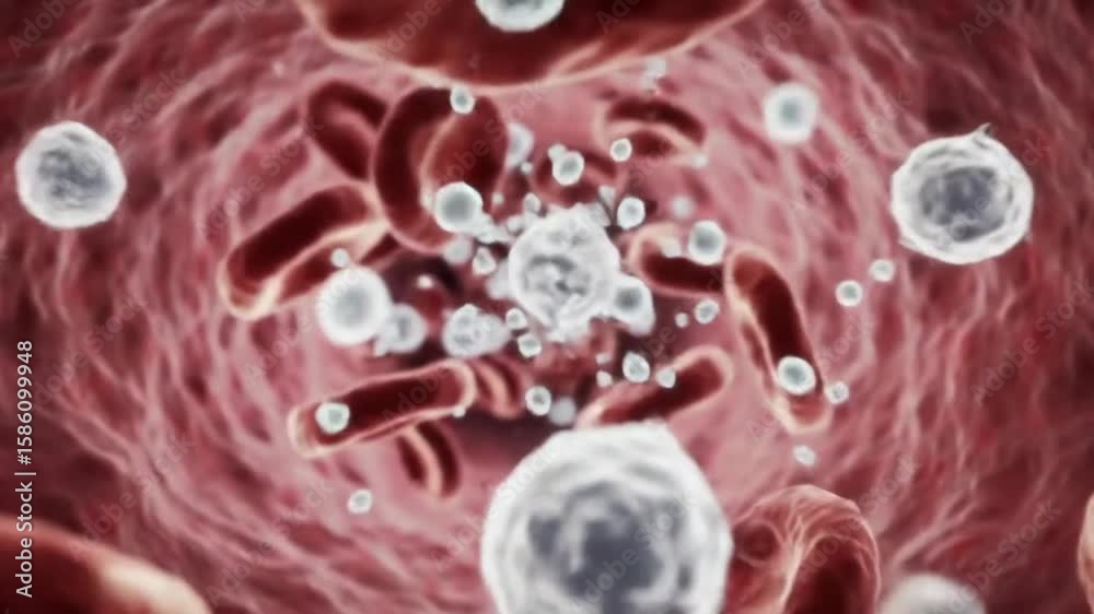 3D rendering of human bloodstream with white blood cells fighting pathogens – immune system response animation showing red blood cells and virus particles in microscopic medical environment

