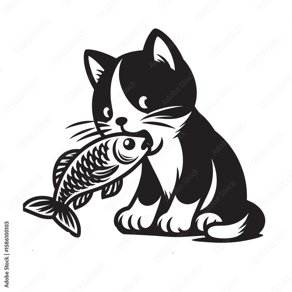 Obraz premium A cat is eating fish