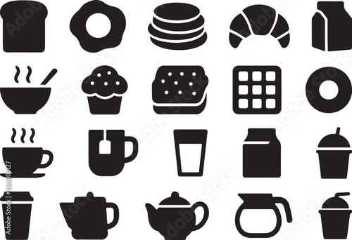 Breakfast and Beverage Silhouette Icon Set – 16 Food and Drink Icons Isolated on White Background
