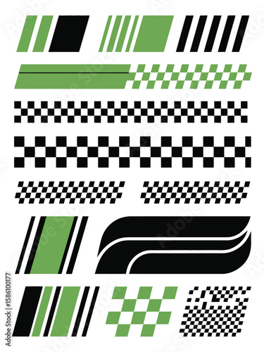 Dynamic set of racing car decals featuring various shapes and checkerboard patterns perfect for vehicle wraps, motorsport designs