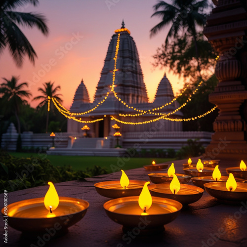 Illuminated diya lamps at sunset with temple and fairy lights in background
