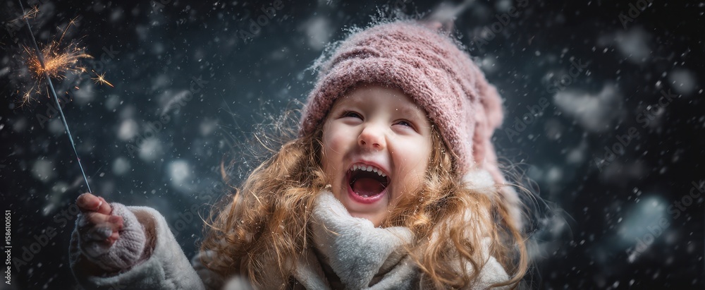 The joyful child with sparkler enjoying a magical snowy winter day The joyful child with sparkler enjoying a magical snowy winter day