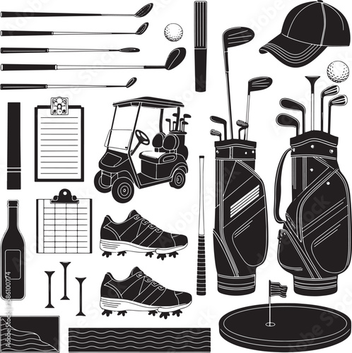 various golf related elements arranged in a collage silhouette line art illustration premium quality