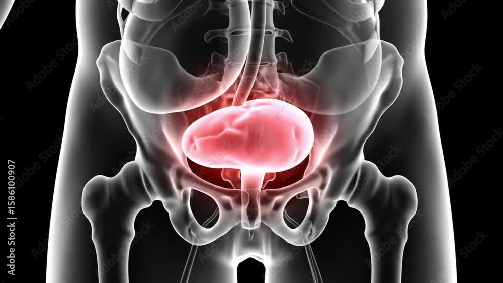 3D medical x-ray scan of human pelvic region highlighting urinary ...