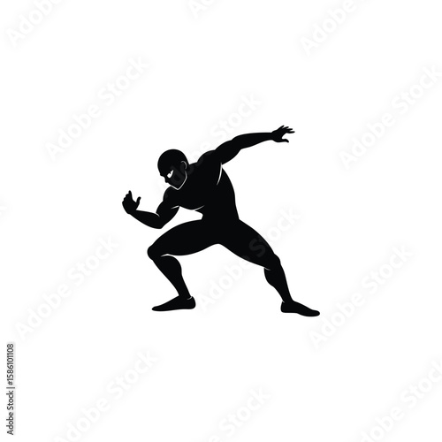 Dynamic black silhouette of a man in a crouching ready pose isolated on white background