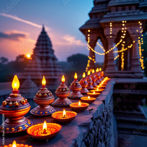 Illuminated diya lamps at sunset with temple and fairy lights in background
