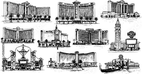 Black and white drawing of las vegas attractions

