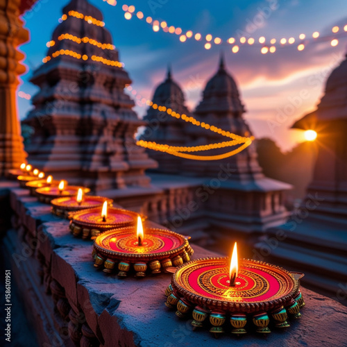 Illuminated diya lamps at sunset with temple and fairy lights in background
