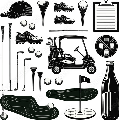 various golf related elements arranged in a collage silhouette line art illustration premium quality