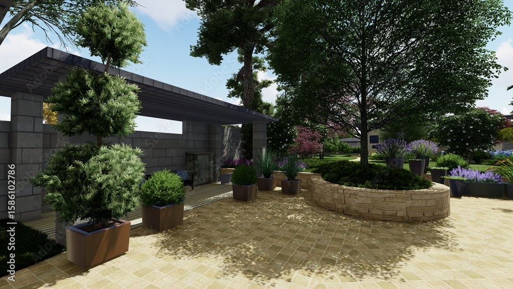 Fototapeta premium 3d image of the landscape design of the home territory. Landscaping of the territory. Computer visualization of composite landscaping and landscaping solutions.
