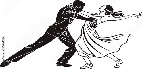 Silhouette Ballroom Dance Poses,Tango, Waltz, and Dance Couple Illustrations,Tango dancers silhouette,Set of silhouettes of dancers,Ballroom Dance Duo in Poised Embrace,Refined Silhouette,Elegant Gown