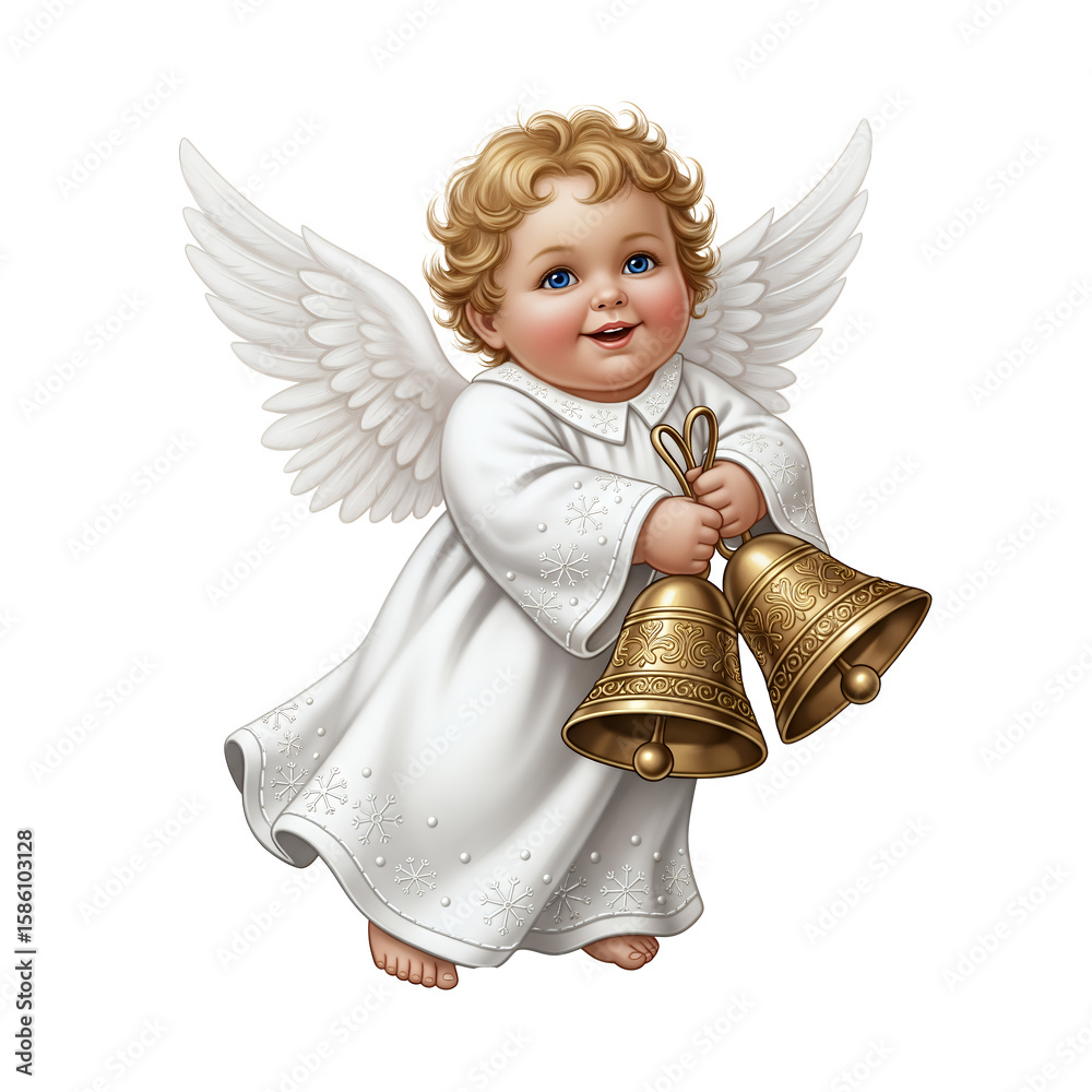 Fototapeta premium A Joyful Little Cherub Angel Holding Golden Bells with White Wings and a White Robe png isolated on transparent background
