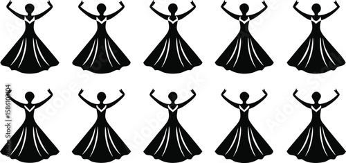 Silhouette Ballroom Dance Poses,Tango, Waltz, and Dance Couple Illustrations,Tango dancers silhouette,Set of silhouettes of dancers,Ballroom Dance Duo in Poised Embrace,Refined Silhouette,Elegant Gown