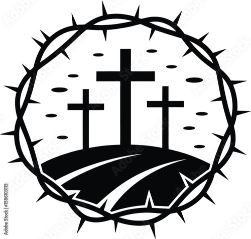 Christian crucifixion icon of three crosses with crown of thorns for Easter.
