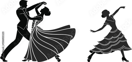 Silhouette Ballroom Dance Poses,Tango, Waltz, and Dance Couple Illustrations,Tango dancers silhouette,Set of silhouettes of dancers,Ballroom Dance Duo in Poised Embrace,Refined Silhouette,Elegant Gown