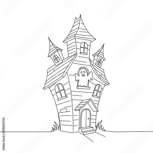 Fun Halloween themed outline of a haunted house with a ghost  