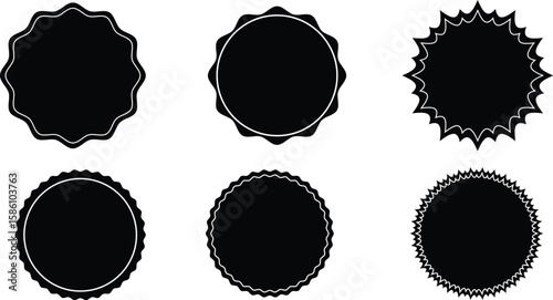 blank black badge and label vector set, circular emblem silhouettes with wavy and spiked edges for stickers, stamps, seals, logos, or branding design elements